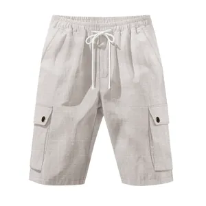 Detailed front view of men's khaki slub linen cargo shorts with white drawstring waist