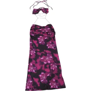 Floral halter dress featuring delicate metal chain accents and a sexy backless silhouette