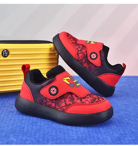 Detailed view of red and black children's breathable mesh sneakers with cartoon excavator