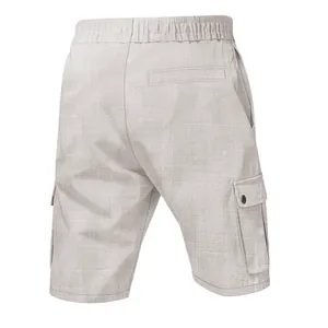 Back view of men's khaki cargo shorts showing textured slub linen fabric and pockets