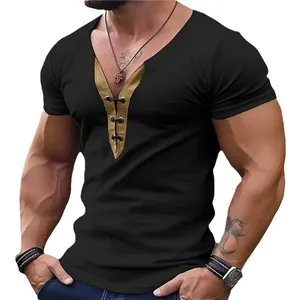T-shirt homme col en V coupe ajustée avec laçage contrasté pour le sport et la gym