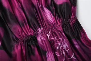 Close-up of floral print fabric with elastic gathering detail on a sexy slim dress