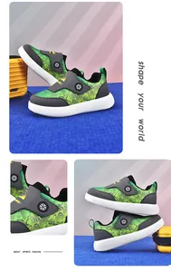 Detailed views of breathable green mesh children's sneakers with hook and loop strap closure