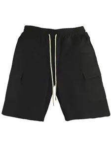 Mens black cargo shorts with adjustable drawstring and side pockets detail