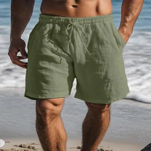 Ademende olijfgroene linnen strandshort voor heren met trekkoord en elastische taille