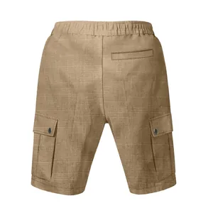High-quality detailed back view of men's summer tactical slub linen cargo shorts in khaki
