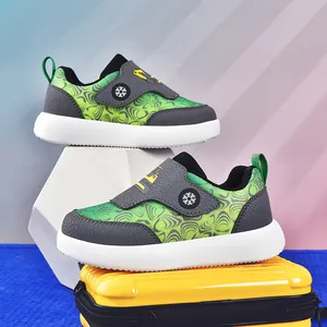 Lightweight breathable mesh toddler sports shoes in vibrant green and grey with wave patterns
