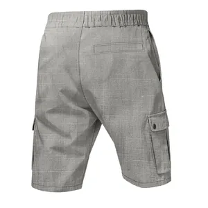 Detailed back view of grey men's slub linen cargo shorts showing tactical pockets
