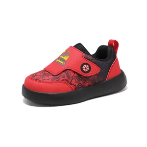 Red and black breathable toddler sneakers with a cartoon excavator design for boys.