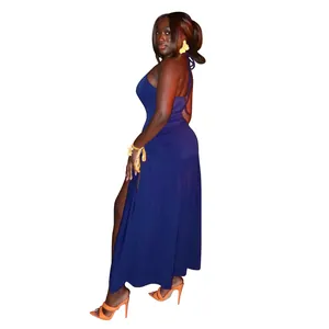 Sexy navy blue halter neck top and high slit long skirt two-piece set for women
