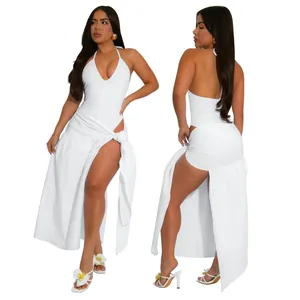Sexy white two-piece set with halter neck top and high slit wrap skirt for summer