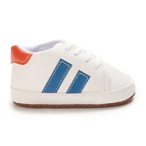 White baby walking shoe with blue stripes and orange heel detail on white background