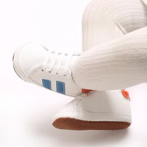 Close-up of white baby walking shoes featuring anti-slip soft soles and blue stripes.