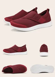 Multi-angle views of burgundy mesh walking shoes showing breathable upper and sole detail