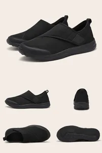 Breathable black mesh walking shoes for elderly featuring wide toe box and hook-and-loop closure