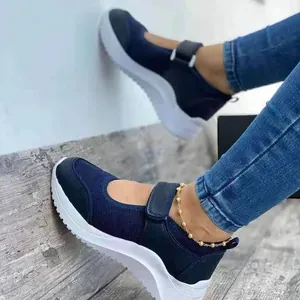 Comfortable navy blue women's casual platform sneakers with adjustable velcro strap