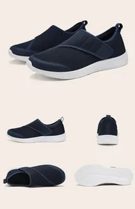Close-up multi-angle view of navy blue breathable mesh slip-on walking shoes for seniors