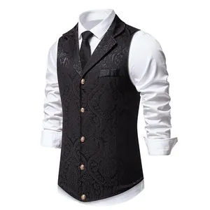 Close-up of men's slim fit paisley suit vest with elegant lapels and decorative buttons.