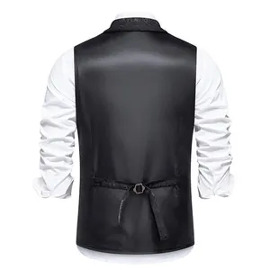 Close-up back view of a black slim fit men's waistcoat with adjustable strap.