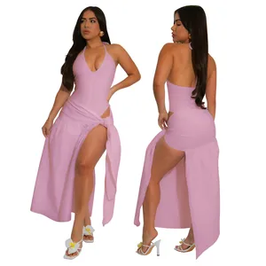 Front and back detail view of sexy lavender pink two-piece halter top and slit skirt set