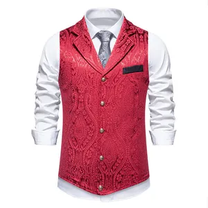 Detail view of red paisley jacquard men's suit vest with elegant lapel design.