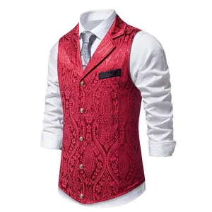 Detailed close-up of red paisley patterned men's slim fit suit vest with lapel