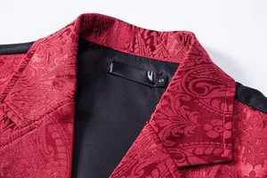 Close-up of men's red jacquard suit vest with lapel and floral pattern