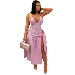 Elegant lavender two-piece skirt set with high slit and halter bodysuit