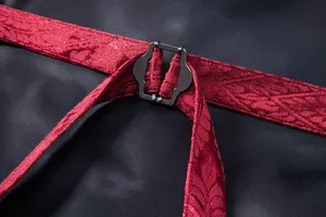 Macro view of the adjustable back buckle and jacquard strap on a men's suit vest