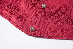 Close-up detail of burgundy paisley jacquard men's suit vest with vintage metallic buttons