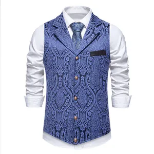 Blue paisley jacquard suit vest for men with lapel collar and five-button front closure