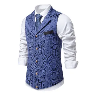 Detailed view of men's slim fit blue paisley pattern suit vest with lapel
