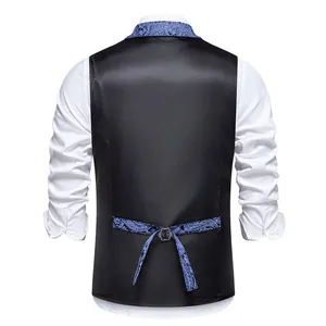 Back view of men's slim fit black suit vest with blue paisley adjustable strap.