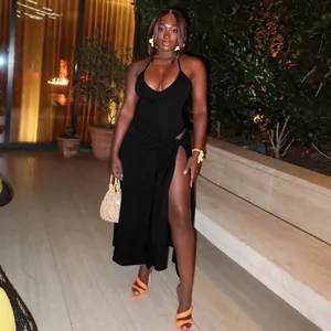 Sexy black halter neck top and high slit wrap midi skirt two-piece set for women