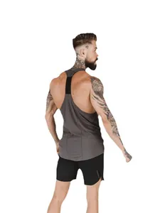 Débardeur de fitness gris séchage rapide pour homme avec dos épissé noir vue arrière