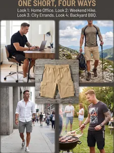 Professional style guide for men's cargo shorts showing four versatile daily outfits.