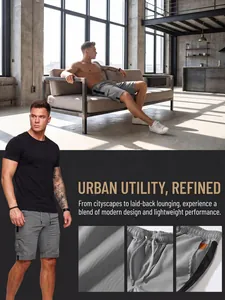 Detail views of grey men's cargo shorts showing fabric texture and drawstring waist