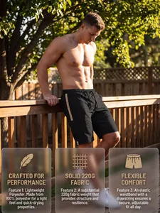 Detail view of men's black cargo shorts featuring 220g lightweight polyester fabric.