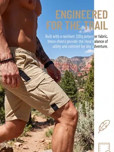 Durable men's khaki cargo shorts made with 220g polyester for hiking trail adventures