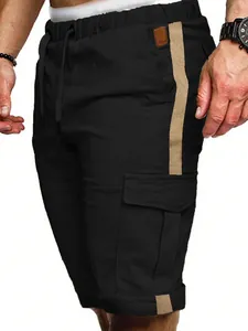 Close-up detail of men's casual cargo shorts with khaki side stripe and utility pocket