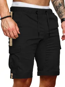 Detail view of men's black cargo shorts with khaki side stripes and drawstrings.
