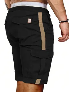 Side view of men's black cargo shorts featuring a brown side stripe and pocket detail