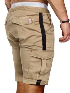 Back and side detail of men's khaki cargo shorts with black stripe accent