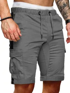 Detail view of grey cargo shorts for men with black side stripes and drawstring waist