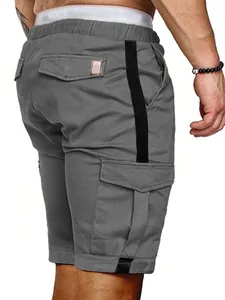 Close-up detail view of men's grey cargo shorts with black side stripes and large pockets