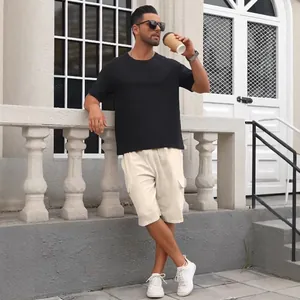 Men's casual loose fit linen cargo shorts with multi-pockets and functional drawstring