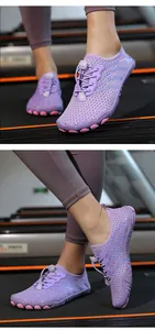 Detail of purple quick-dry water shoes featuring non-slip five-finger minimalist design