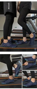 Detailed view of breathable quick-dry water shoes with non-slip sole on a treadmill