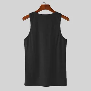 Back view of a men's charcoal grey ribbed elastic fitness tank top on a wooden hanger