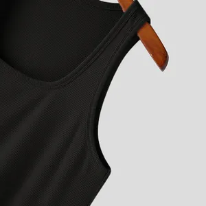 Close-up detail showing the black ribbed elastic fabric on men's quick-dry fitness tank top